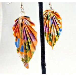 Hand Folded Origami Leaf Earrings Orange Multicolor